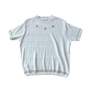 Bay Point Threads Vintage White Gold Star Embroidered Knit Short Sleeve Sweater